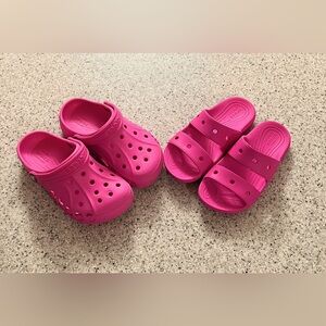 Girls Crocs Authentic Size J1 Electric Pink Baya Clogs & Slide Sandals Set EUC